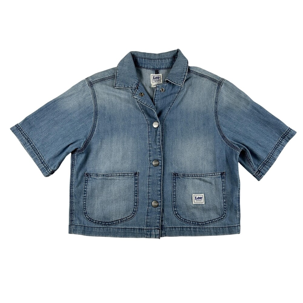 Lee Denim Top Womens XS Light Wash Short Sleeve Snap Front Workwear Cropped